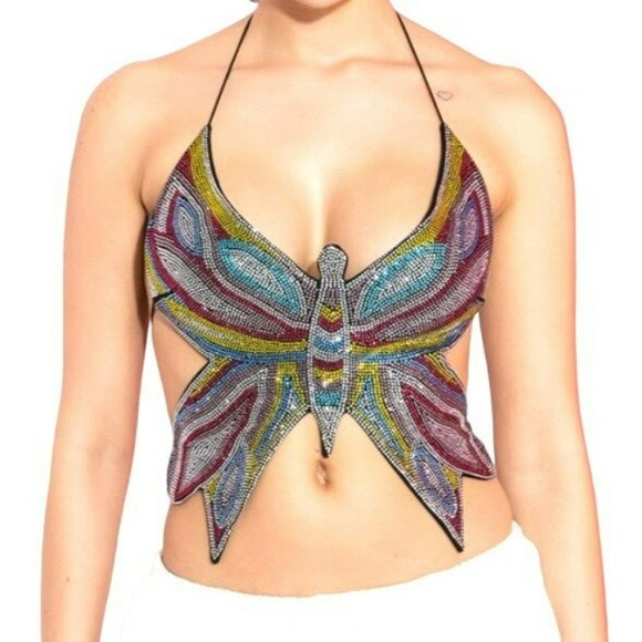 Kikiriki Tops - Kikiriki Butterfly Rhinestone Bustier Crop Top Fuschia Size Medium NWT